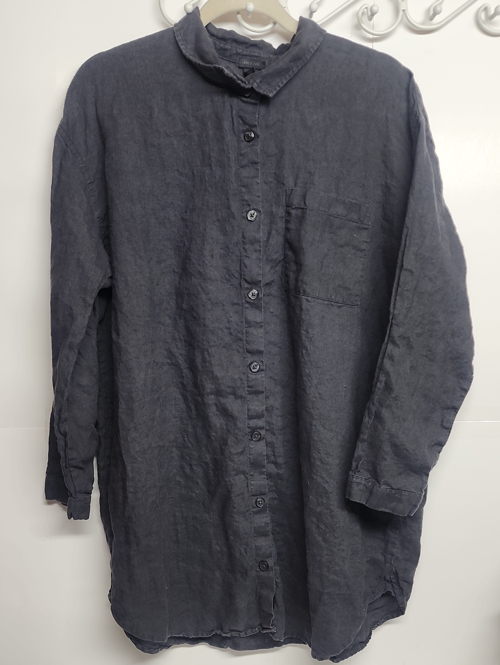 H&M Home Relaxed Button-Up Linen Shirt Dress in Charcoal Womens Sz L Minimalist